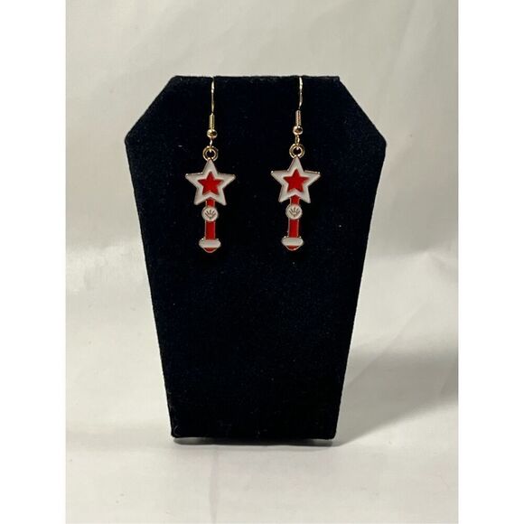 Red Magic Wand Inspired Gold in Color Fish Hook Stud Earrings - Picture 1 of 3